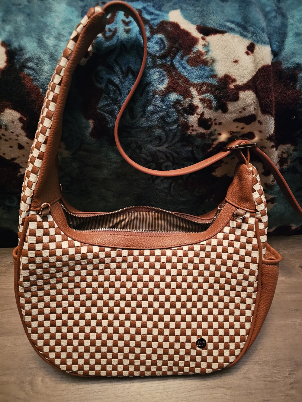 Gold Bush Woven Check Shoulder Bag in Brown & Cream